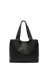 Borsa tote nera con texture in pelle liscia, forma rettangolare, due manici per spalla e un'apertura superiore con una base leggermente più ampia.