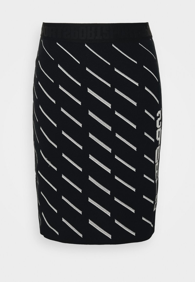 Falda lápiz de punto negra con rayas diagonales blancas y una cinturilla elástica de marca con la palabra "SPORT" en negro.