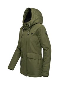 Olive green waterproof jacket with a hood, two front pockets, drawstring accents, and decorative patches, made from smooth synthetic material.