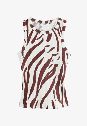 Kreemist ribitud tank top, millel on julged pruunid zebra triibud. Ümar kaelus ja varrukateta disain. Omab kitsast lõiget ja õmmeldud ääret.