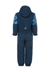 Tamsiai mėlynas vaikų snowsuit'as su geometriniu mėlynu raštu viršuje, elastiniais rankogaliais ir nuimamu kapu; turi suveržtą liemenį pritaikymui.