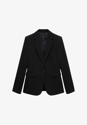 Black blazer with a fitted design, single button closure, notch lapels, two front pockets, and a smooth interior lining.