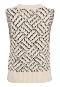 Gilet sans manches en maille crème avec motif texturé noir en zigzag et chevrons, bord-côte à la base et à l’encolure.