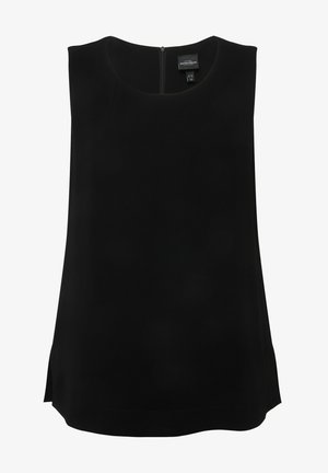 Zwarte mouwloze top met een ronde hals en een rits aan de achterkant. Gemaakt van een gladde stof met een rechte snit en zijsplitten voor meer bewegingsvrijheid.