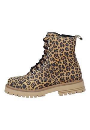 Lace-up ankle boot with beige and black leopard print, chunky tan sole, and rear pull tab.