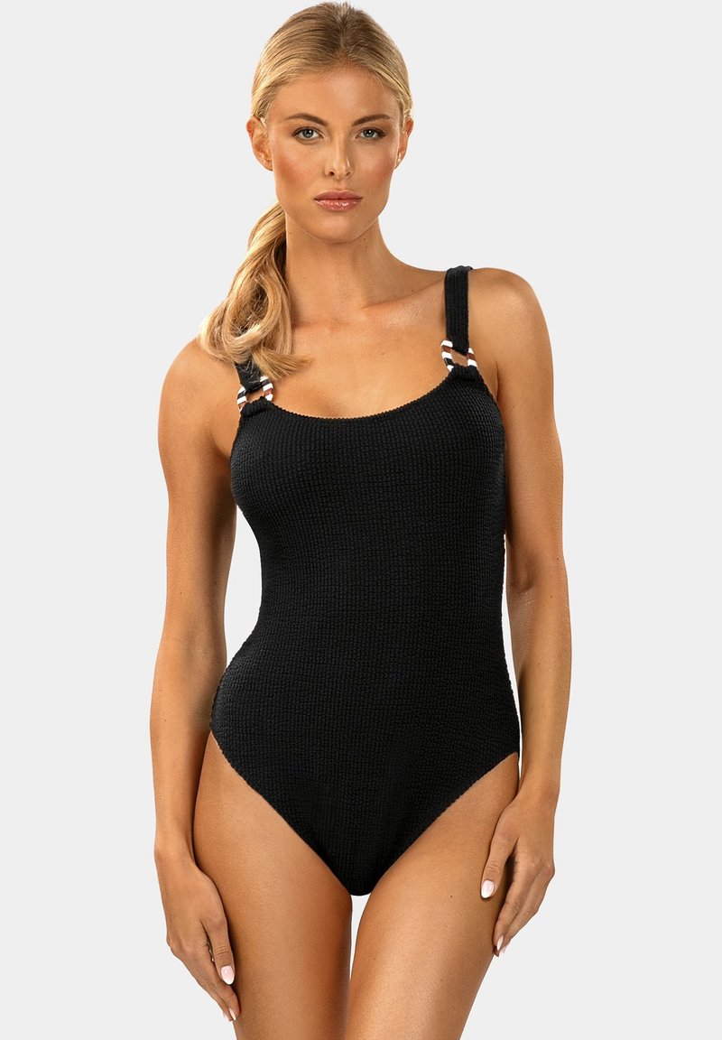 Czarny jednoczęściowy kostium kąpielowy o teksturowanej powierzchni z szerokimi ramiączkami i paskami. Gładki materiał, dopasowany krój i wysokie wycięcia na nogi.
