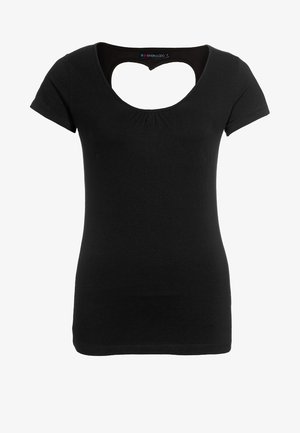 Czarny dopasowany t-shirt z krótkim rękawem, dekoltem w kształcie serca i delikatnym marszczeniem poniżej kołnierza.