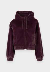 Tumedat purpursed plush zip-up kapuutsiga jakid koos köitega, elastsete varrukate, kahe külje tasku ja lühendatud lõikega.