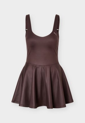 Mørkebrun ærmeløs skaterkjole med brede stropper og en tætsiddende overdel med en lille logo på brystet.