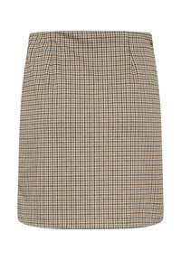 Jupe à carreaux marron et beige avec une coupe droite, présentant une texture lisse et une taille élastique. Pas de matériel ou d'accents visibles.