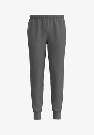 Gray sweatpants made of a soft fabric with an elastic waistband, tapered legs, and ribbed cuffs. Features a subtle logo on the side.