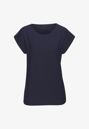 Top blu navy a maniche corte con scollatura rotonda, realizzato in un tessuto liscio. Presenta una vestibilità rilassata e una sottile texture verticale.