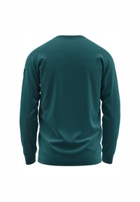Teal langermige shirt met een ronde halslijn en ribbelmanchetten. Heeft een gladde textuur en een subtiel logo-detail op de linker mouw.