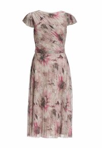 Robe fleurie mi-longue en tissu doux avec une texture plissée. Présente des manches courtes, un détail croisé, et une palette de couleurs rose, beige et noir.