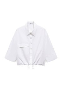 Camicia bianca corta in tessuto liscio, con bottoni frontali, collo con colletto, maniche corte e orlo con coulisse e tasca frontale.