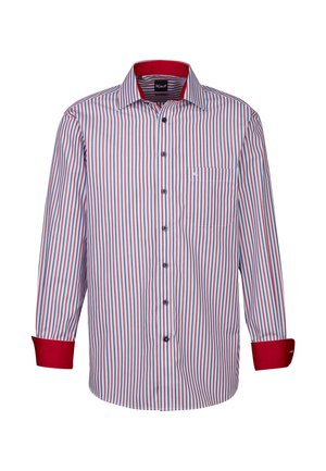 Camicia a righe caratterizzata da strisce verticali blu, rosse e bianche, con colletto e polsini rossi. Include una singola tasca sul petto e chiusura a bottoni.