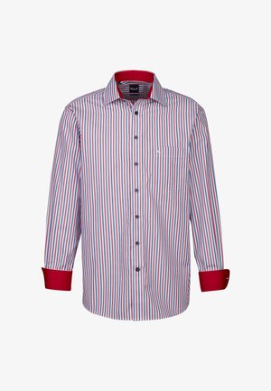 Camicia a righe caratterizzata da strisce verticali blu, rosse e bianche, con colletto e polsini rossi. Include una singola tasca sul petto e chiusura a bottoni.