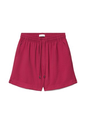 Shorts da donna rossi con vita elasticizzata, coulisse e tasche laterali, realizzati in tessuto leggero, stesi su sfondo bianco.
