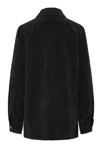 Black corduroy jacket with a collar, long sleeves, and buttoned cuffs. Features vertical ribbed texture and a straight-cut back.