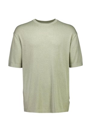 Lichtgroen T-shirt met korte mouwen en een ronde hals, met een ontspannen pasvorm en een eenvoudig, effen ontwerp tegen een witte achtergrond.