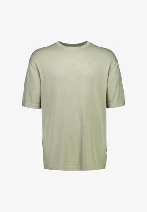 Lichtgroen T-shirt met korte mouwen en een ronde hals, met een ontspannen pasvorm en een eenvoudig, effen ontwerp tegen een witte achtergrond.