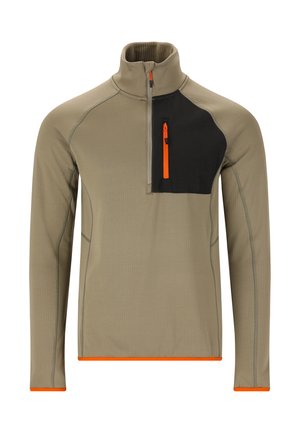 Fleece pullover in khaki met grijze accenten, halve rits kraag, zwarte borstzak, oranje rits en contrasterende stiksels langs de naden.