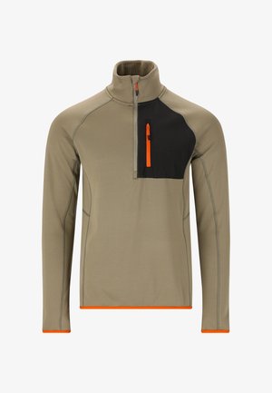 Fleece pullover in khaki met grijze accenten, halve rits kraag, zwarte borstzak, oranje rits en contrasterende stiksels langs de naden.