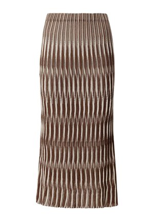 Bruine en beige midirok met een verticale abstracte gestreepte patroon en een elastische tailleband.