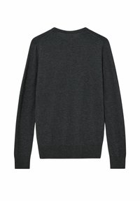 Maglione grigio scuro con collo rotondo, maniche lunghe e polsini e orlo a coste. Realizzato in un materiale morbido e strutturato. Vista posteriore che mostra un design senza cuciture.