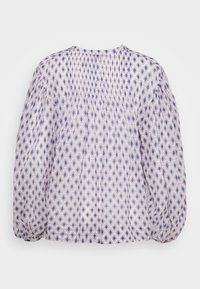 Blouse met lange mouwen met een blauw-wit geometrisch diamantenpatroon, een rugstuk met geplooide plooien en mouwen met knoopmanchetten.