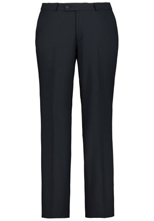 Zwarte op maat gemaakte broek met een rechte snit, voorzien van een enkele knoopsluiting en zijzakken. Gladde textuur, minimalistisch ontwerp.