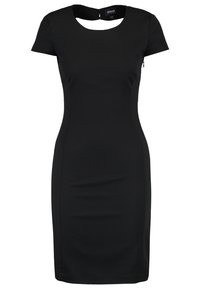 Robe noire ajustée avec manches courtes, encolure ronde et zip dans le dos. Fabriquée en tissu lisse, avec une silhouette élégante et fuselée.