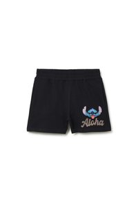 Pantaloni corti neri in cotone con vita elasticizzata. Ricamati con una grafica di un personaggio blu e la scritta "Aloha" in un carattere corsivo beige.