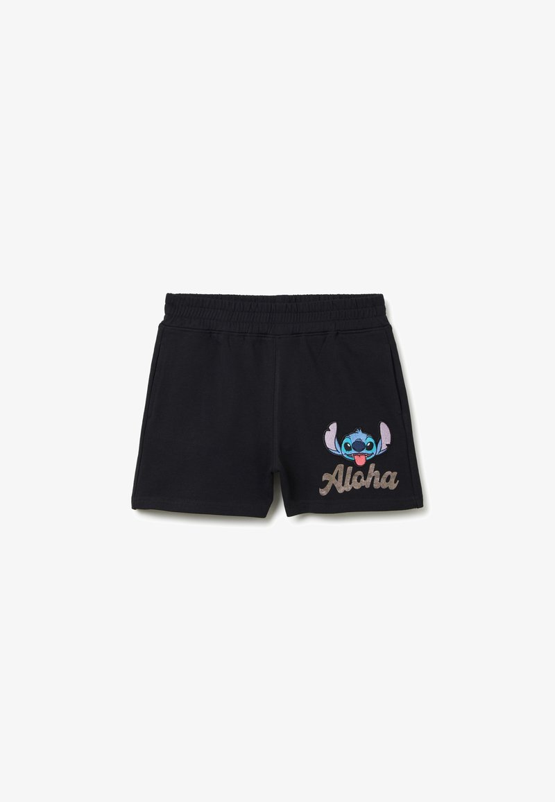 Schwarze Baumwollshorts mit einem elastischen Bund. Bestickt mit einem blauen Charaktergrafik und "Aloha" in einer kurvenreichen beigen Schriftart.