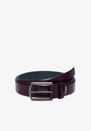 Dark brown leather belt rolled with silver rectangular buckle engraved "bugatti" on white background.