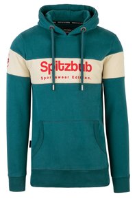 Teal hoodie with cream stripes, featuring a red logo "Spitzbub Sportswear Edition," adjustable drawstrings, and front pocket. Soft fabric.