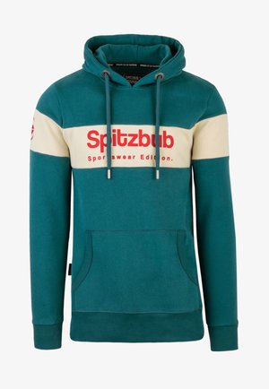 Türkisfarbene Kapuzenjacke mit cremefarbenen Streifen, ausgestattet mit einem roten Logo "Spitzbub Sportswear Edition", verstellbaren Kordeln und einer Vorderseite mit Tasche. Weicher Stoff.