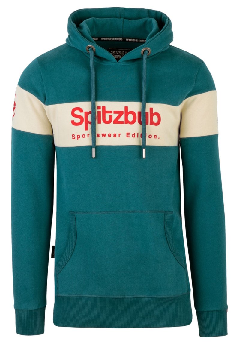 Teal hoodie with cream stripes, featuring a red logo "Spitzbub Sportswear Edition," adjustable drawstrings, and front pocket. Soft fabric.