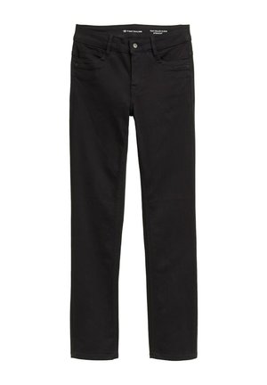 Zwarte rechte jeans gemaakt van denim, met vijf zakken, een knoopsluiting en een subtiele textuur. Merkenlogo aan de binnenkant van de tailleband.