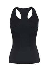 Débardeur de sport noir sans manches avec dos nageur et panneaux en tissu mesh pour la respirabilité et une silhouette ajustée.