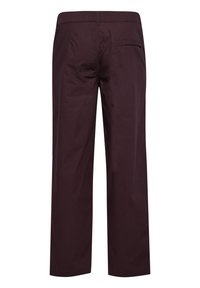 Donker bordeauxrode broek met een elastische tailleband, rechte pijpen en een enkele achterzak. Gemaakt van gladde stof met een matte afwerking.