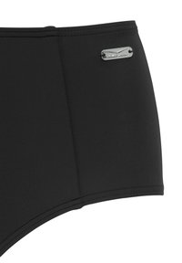 Costumi da bagno neri a vita alta realizzati in tessuto morbido, con dettagli cuciti e un'etichetta metallica del marchio sulla vita.