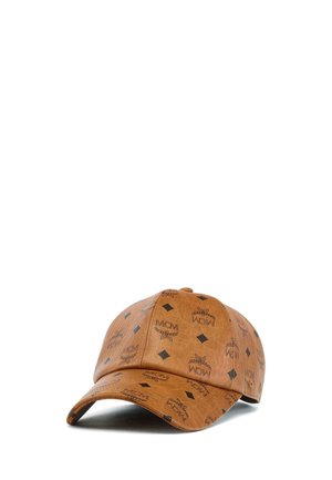 Braune Leder-Baseballkappe mit schwarzen MCM-Logos und Diamantmustern, die überall gedruckt sind.