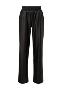 Pantalon large noir avec taille élastique et poches latérales, en matériau brillant imitant le cuir.