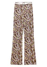 Spodnie dzwonki w kolorowym, abstrakcyjnym wzorze z wirami w kolorach burgundowym, zielonym, białym i różowym, wykonane z lekkiego, gładkiego materiału.