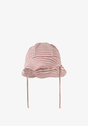 Sombrero tipo bucket texturizado a rayas rosas y blancas con un borde fruncido y largas tiras para atar bajo la barbilla.