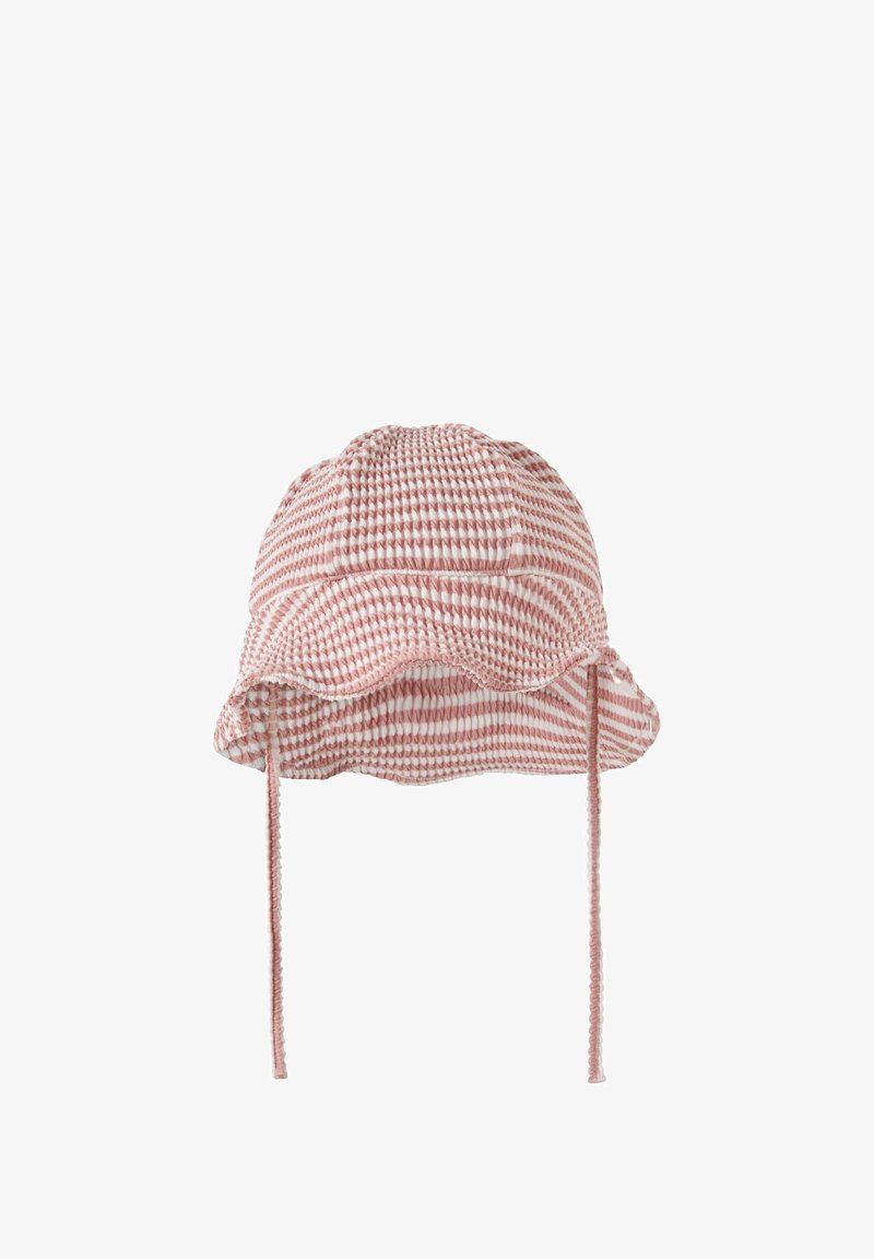 Roze en wit gestreepte textuurige emmerhoed met een gerimpelde rand en lange kinbandjes.