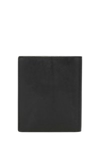 Portafoglio nero in pelle con texture liscia, design a doppia piega e bordi netti. Presenta cuciture minime e nessuna ferramenta o accento visibile.