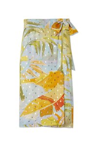 Light blue fabric with a tropical leaf pattern in green and yellow, featuring polka dots and an adjustable tie at the waist.