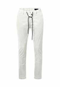 Witte corduroy broek met een verstelbare taille, slanke pasvorm, subtiele verticale ribbeling en geen zichtbare zakken. Tailored ontwerp met strakke lijnen.